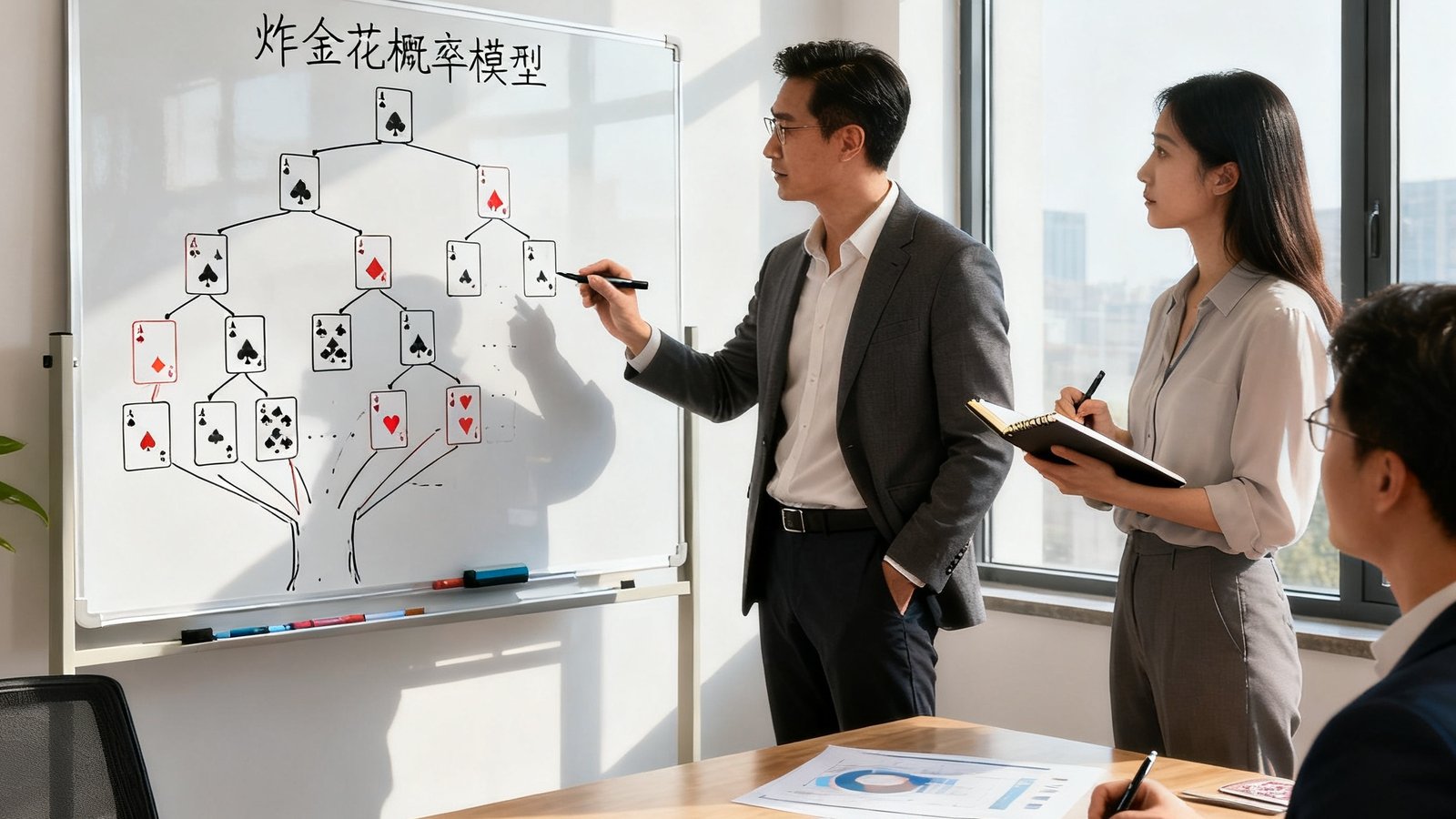 棋牌策略团队办公室内，创始人与数据分析师正在讨论炸金花概率模型，白板上绘制着牌型决策树