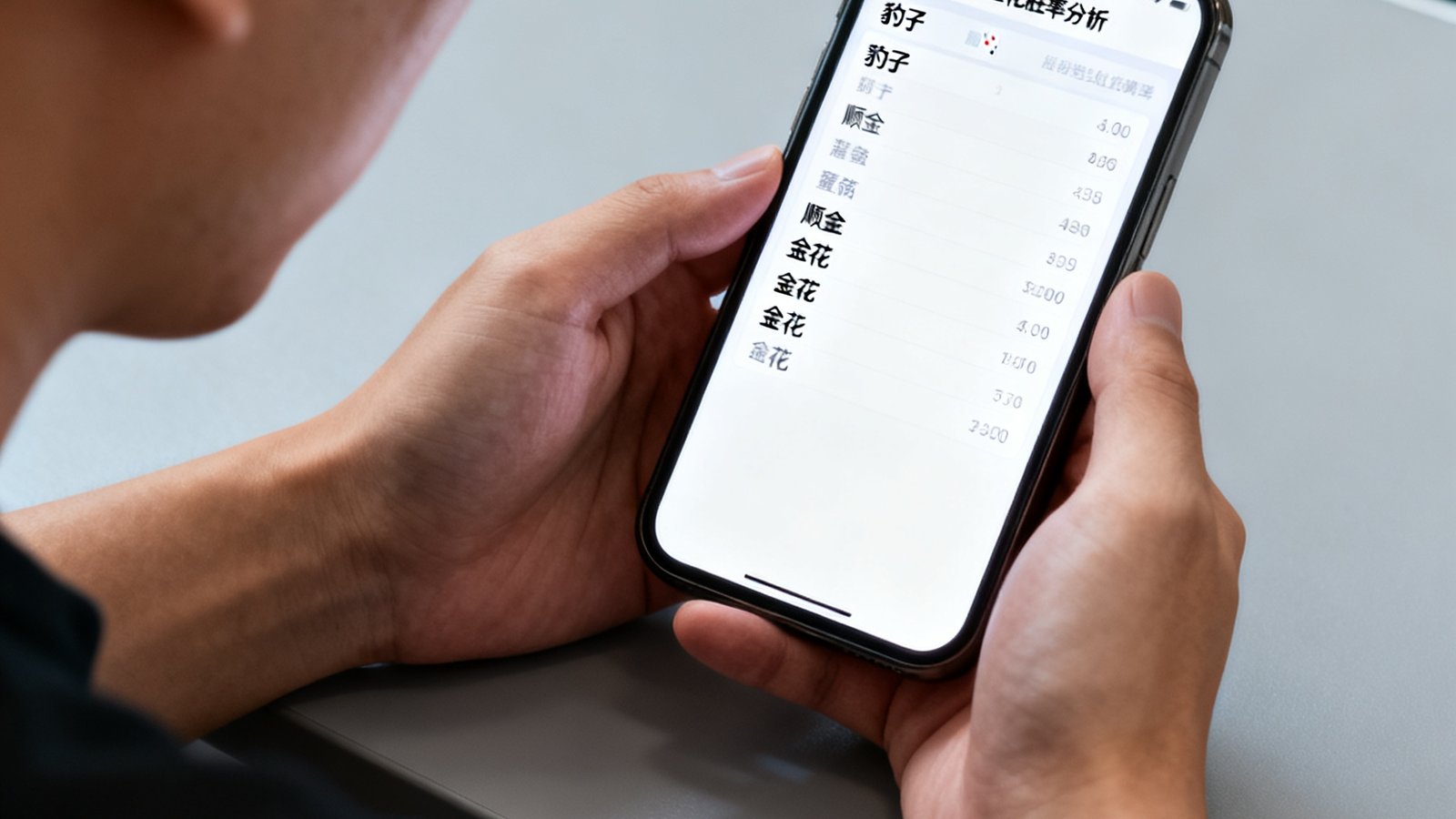 一位玩家正使用手机查看炸金花胜率分析界面，界面显示豹子、顺金、金花等牌型概率分布