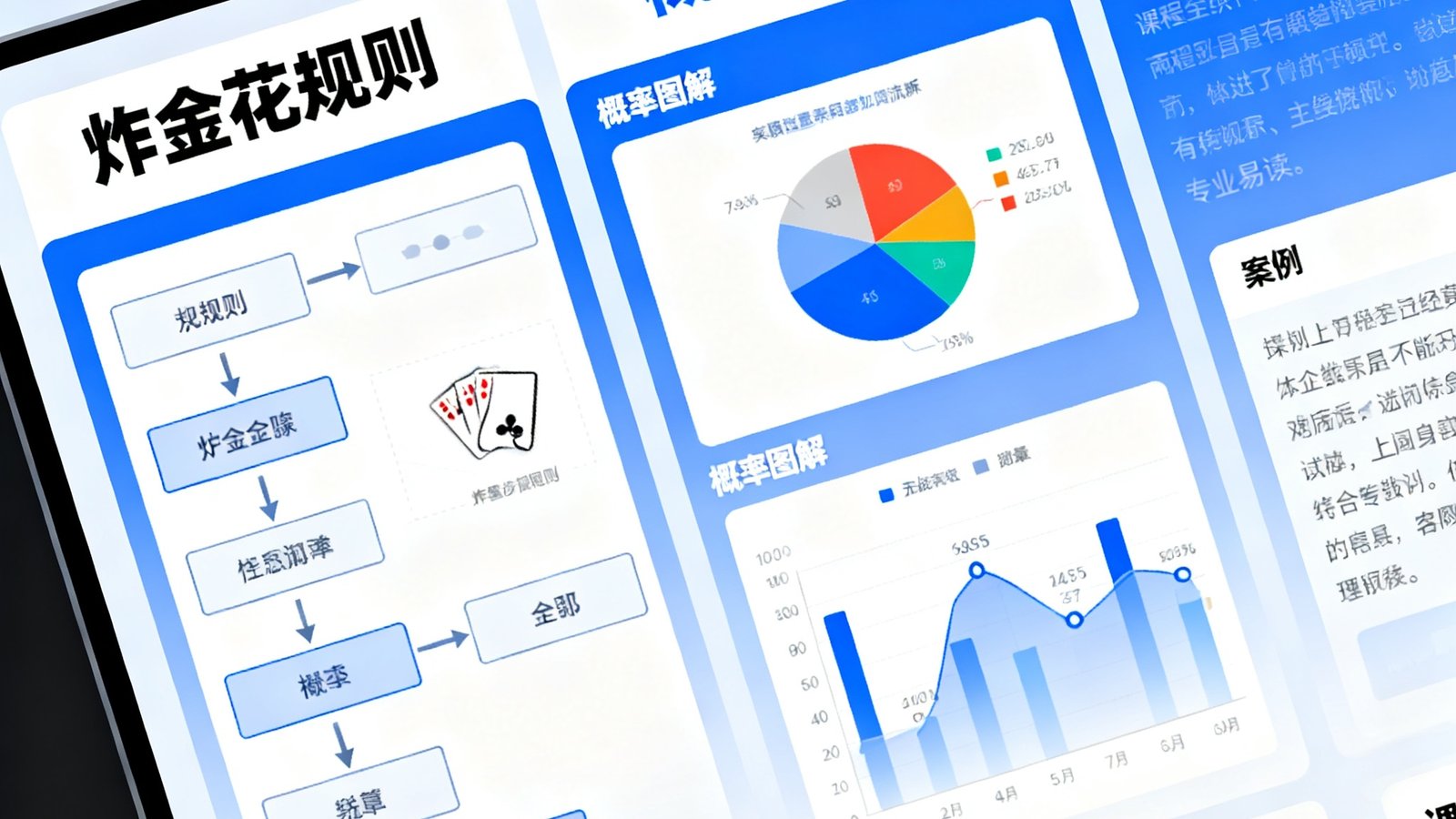 棋牌学院在线课程界面，展示炸金花规则、概率图解和实战心理分析模块