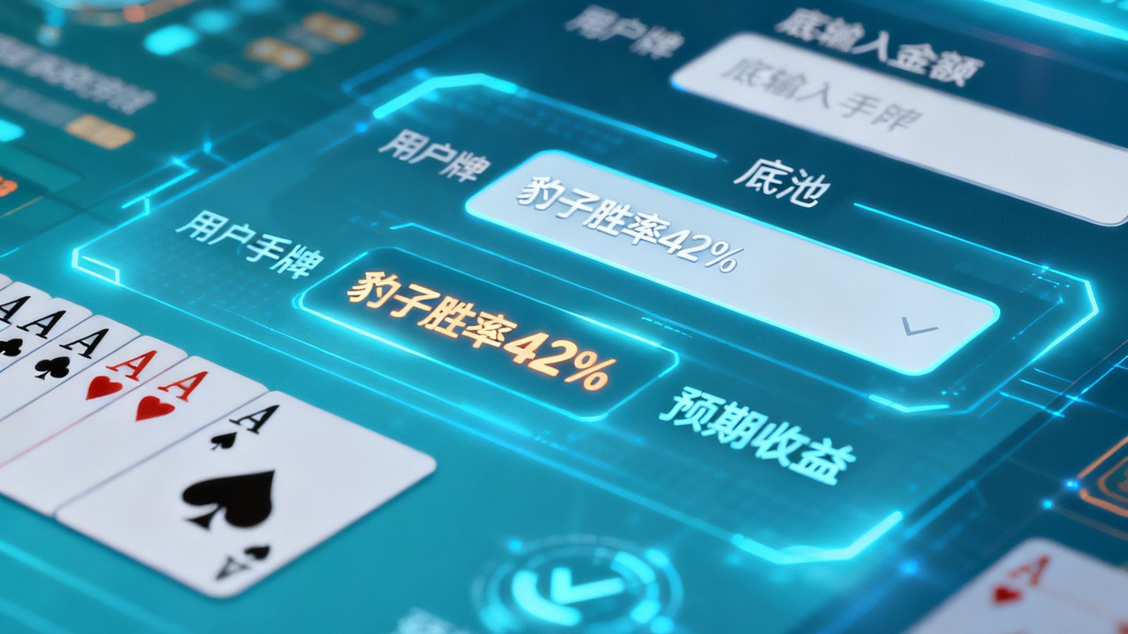 用户正在炸金花胜率计算器中输入手牌和底池金额，界面实时显示豹子胜率42%以及预期收益